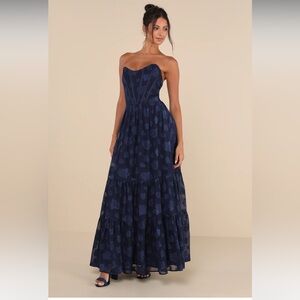 Lulus Navy Blue Burnout Floral Bustier Maxi Dress Large